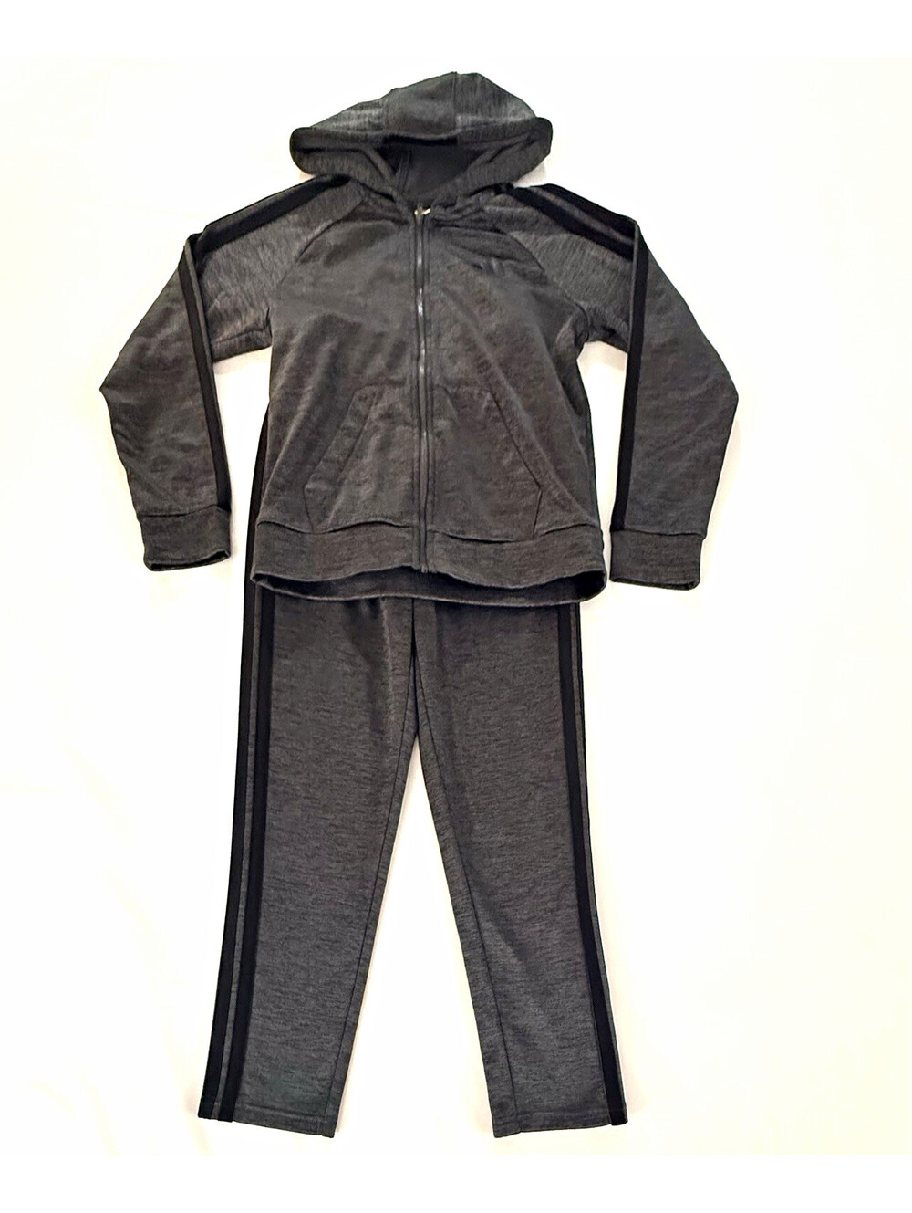 Adidas Boys Tracksuit Set Gray Black Hooded Jacket Pants Youth M 10/12